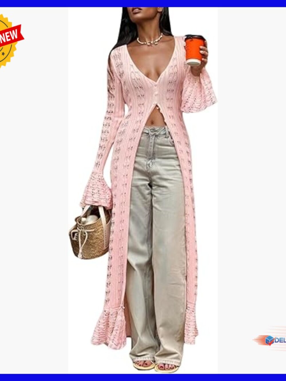 Long Crochet Cardigan Bell Sleeve Ruffle Knit Hollow Out Lightweight Duster